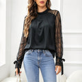 Women High Neck Pleated Blouse Lace Long Sleeve Bow Cuff Woven Top