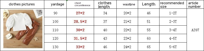 Children's Clothing Girls Small Fashionable Puff Sleeve Trendy Straight Leather Pants Including Belt Autumn And Winter Suit