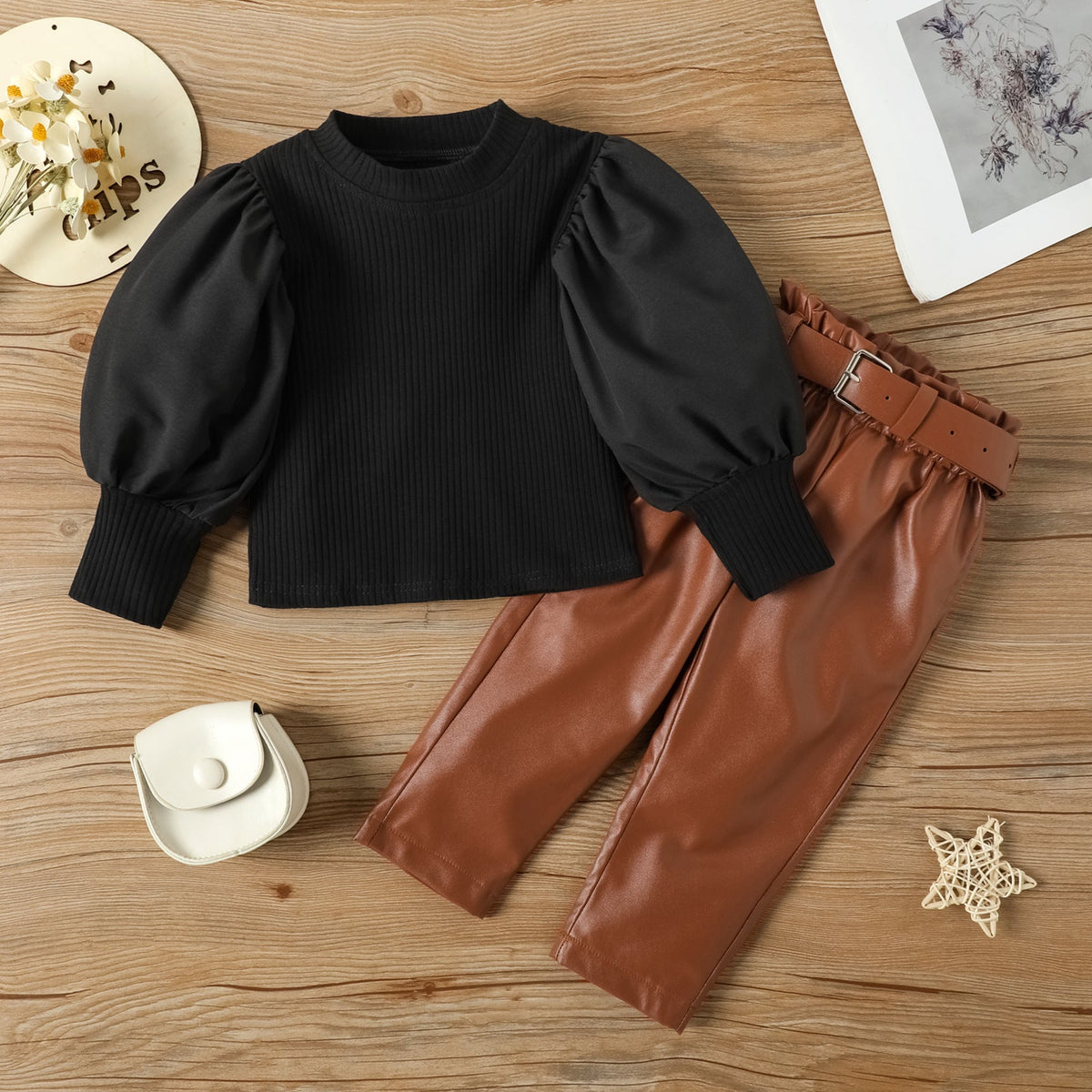 Children's Clothing Girls Small Fashionable Puff Sleeve Trendy Straight Leather Pants Including Belt Autumn And Winter Suit