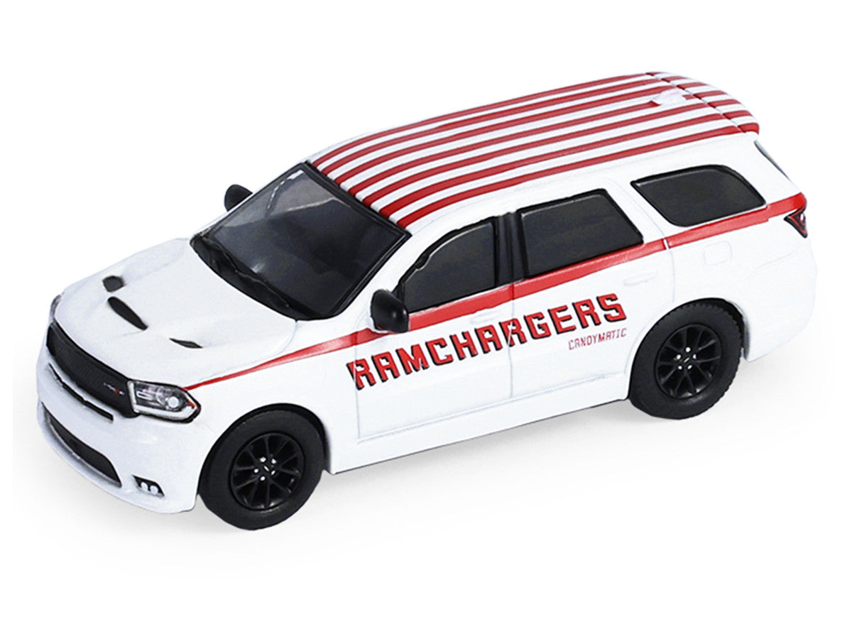 2018 Dodge Durango White with Red Stripes and 2021 Dodge Challenger SRT White with Red Stripes "Ramchargers" with Flatbed Trailer "Racing Hitch & Tow" Series 6 1/64 Diecast Model Cars by Greenlight