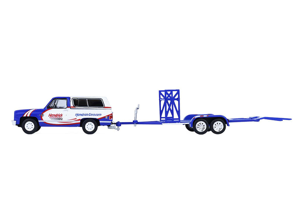 1986 Chevrolet K5 Blazer Blue and White and 1969 Chevrolet Camaro #5 Blue and White "Kyle Larson - Hendrick Motorsports" with Tandem Car Trailer "Racing Hitch & Tow" Series 6 1/64 Diecast Model Cars by Greenlight