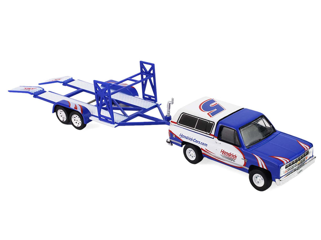 1986 Chevrolet K5 Blazer Blue and White and 1969 Chevrolet Camaro #5 Blue and White "Kyle Larson - Hendrick Motorsports" with Tandem Car Trailer "Racing Hitch & Tow" Series 6 1/64 Diecast Model Cars by Greenlight