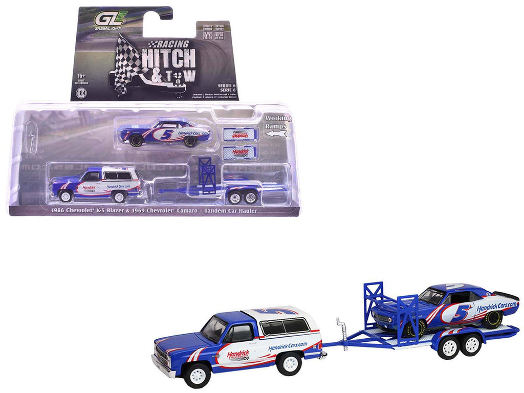1986 Chevrolet K5 Blazer Blue and White and 1969 Chevrolet Camaro #5 Blue and White "Kyle Larson - Hendrick Motorsports" with Tandem Car Trailer "Racing Hitch & Tow" Series 6 1/64 Diecast Model Cars by Greenlight