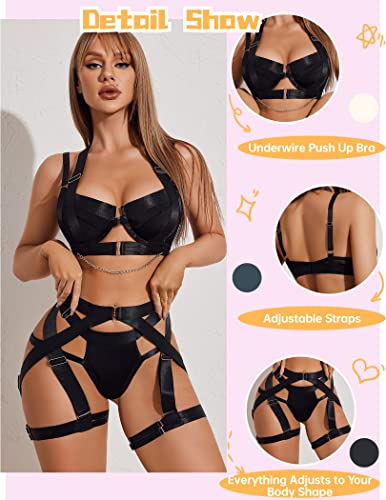 Lingerie Set for Women Sexy Strappy Lingerie Underwire Push Up Bra Garter Set Lingerie with Chain