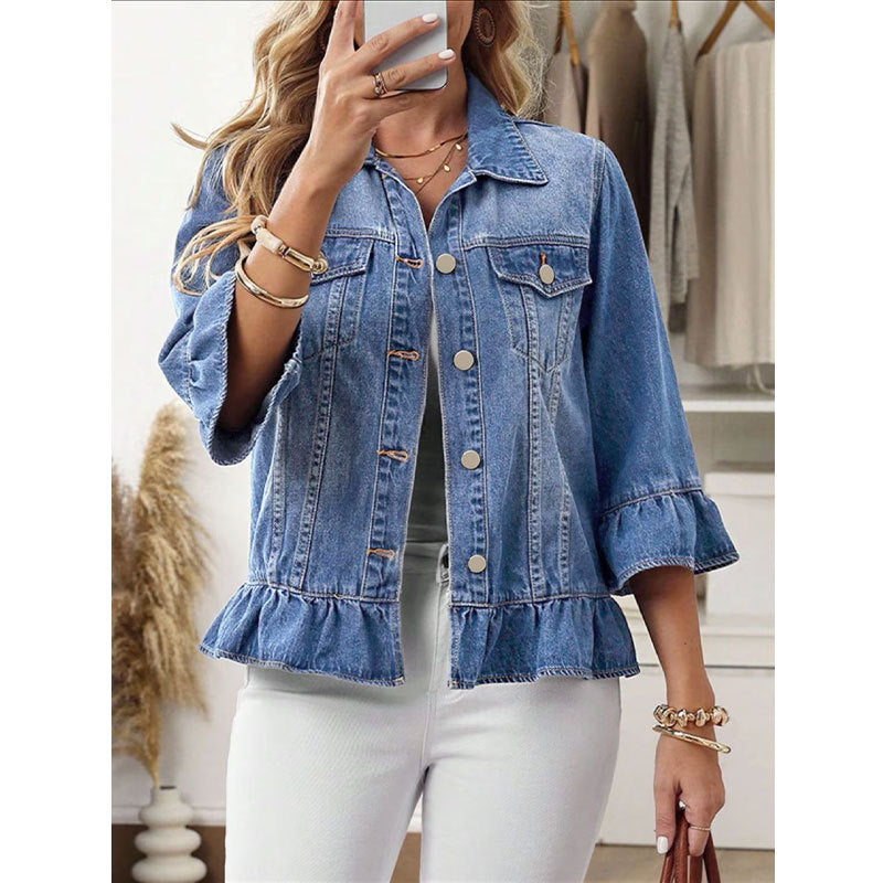 Exclusive Cross-border Supply Of Ruffled Denim Jacket For Women, Cropped Jean Jacket With Bell Sleeves, Sweet Style Outerwear
