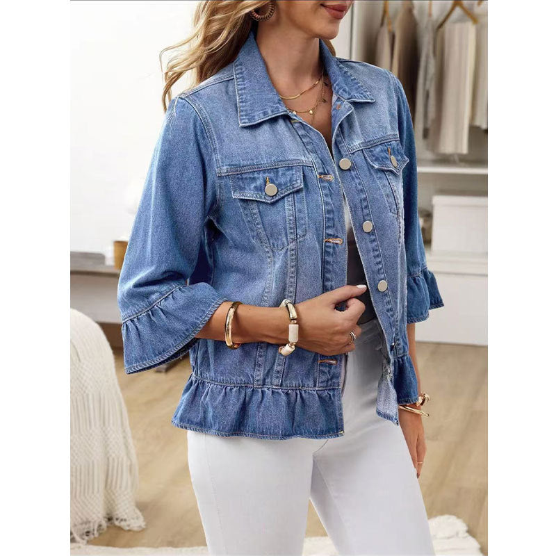 Exclusive Cross-border Supply Of Ruffled Denim Jacket For Women, Cropped Jean Jacket With Bell Sleeves, Sweet Style Outerwear