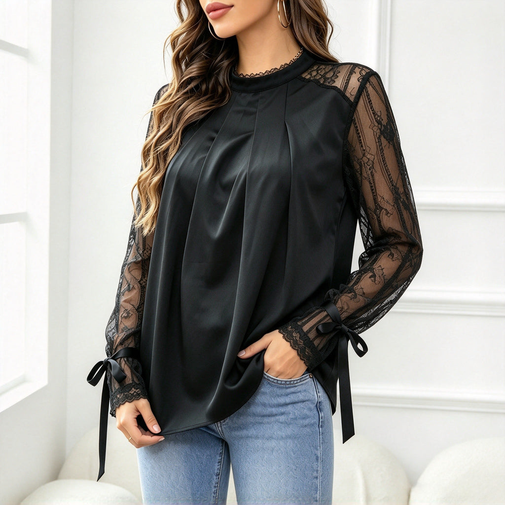 Women High Neck Pleated Blouse Lace Long Sleeve Bow Cuff Woven Top