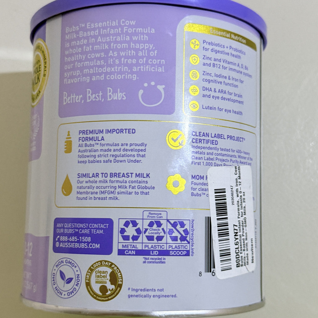 Bubs Essential Infant Formula with Iron, Cow Milk, 20 oz, BB 08/2027