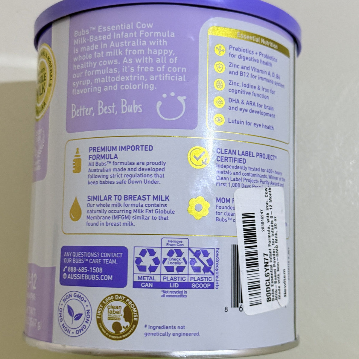 Bubs Essential Infant Formula with Iron, Cow Milk, 20 oz, BB 08/2027