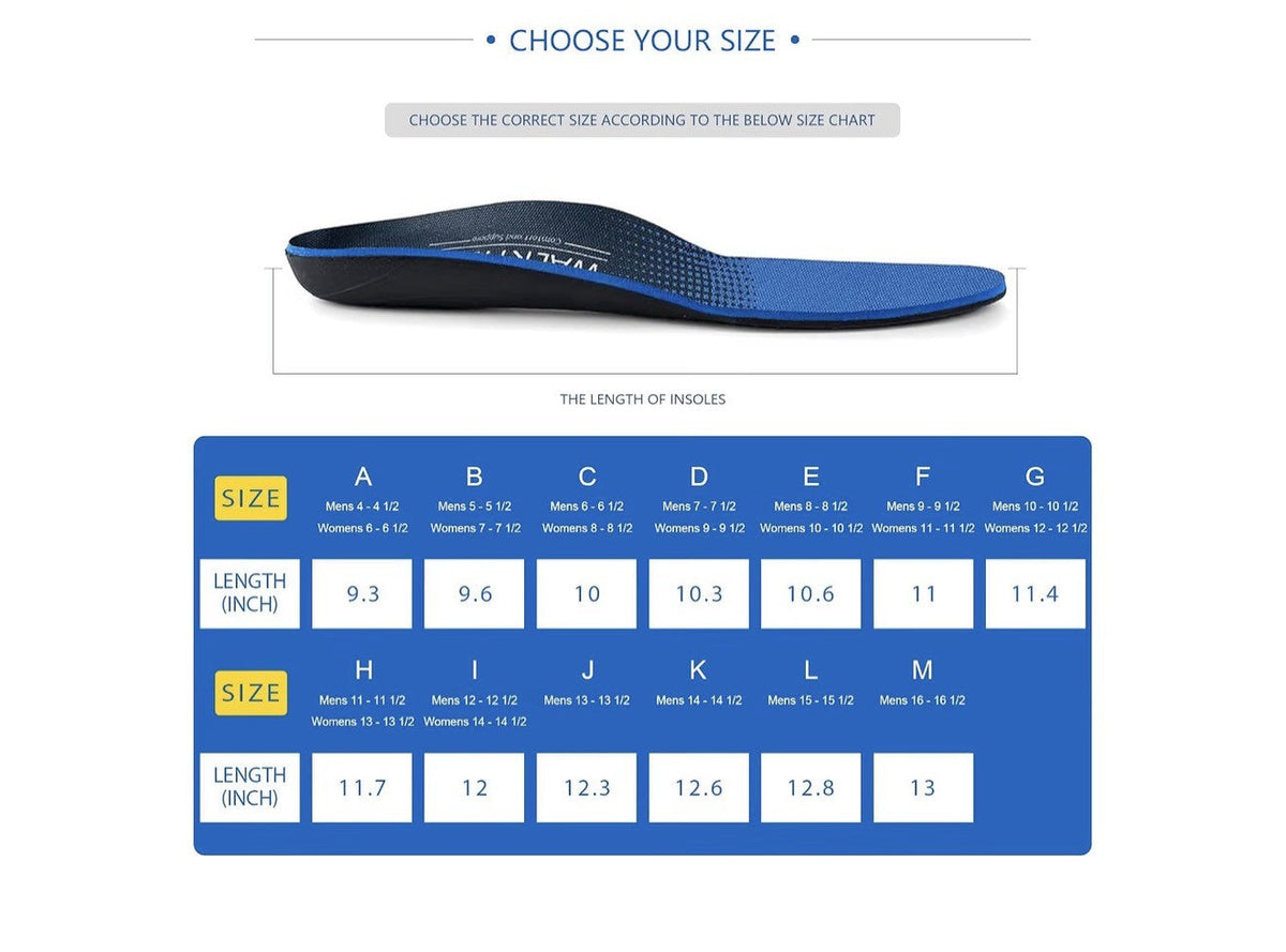 Arch Support Insoles, 2 Pairs, Men's 9-9.5 / Women's 11-11.5, Blue