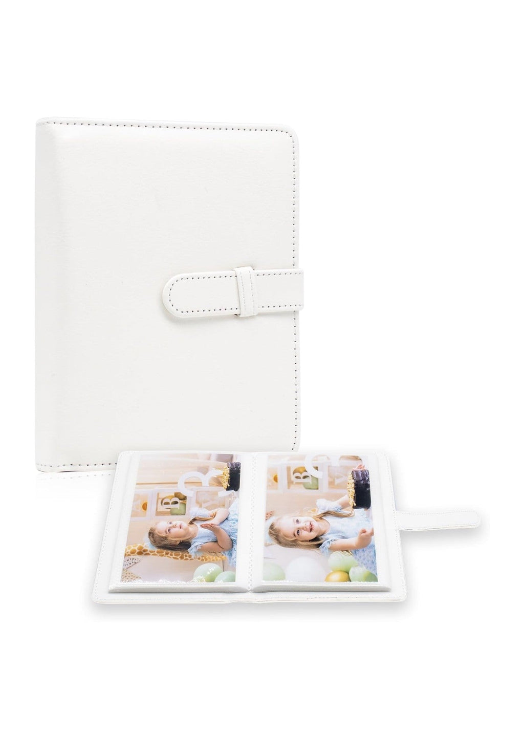 4x6 Photo Album, White Faux Leather with Snap Strap, Holds 68 Photos