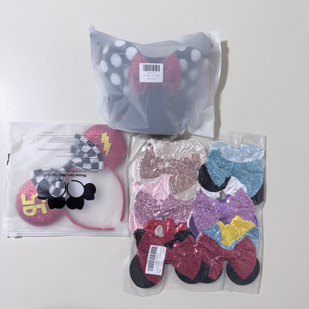 Sequin Mouse Ears Lot: Polka Dot Visor, Racing Ears and 6 Headbands