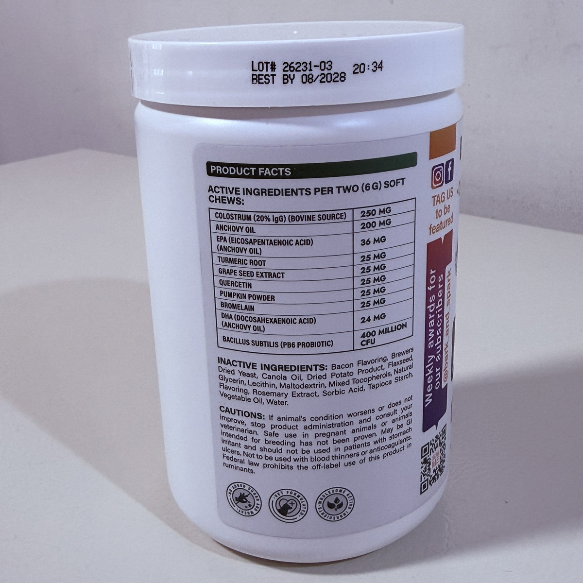 Bark&Spark Omega Colostrum Probiotic Dog Chews 120 Count BB 08/2028