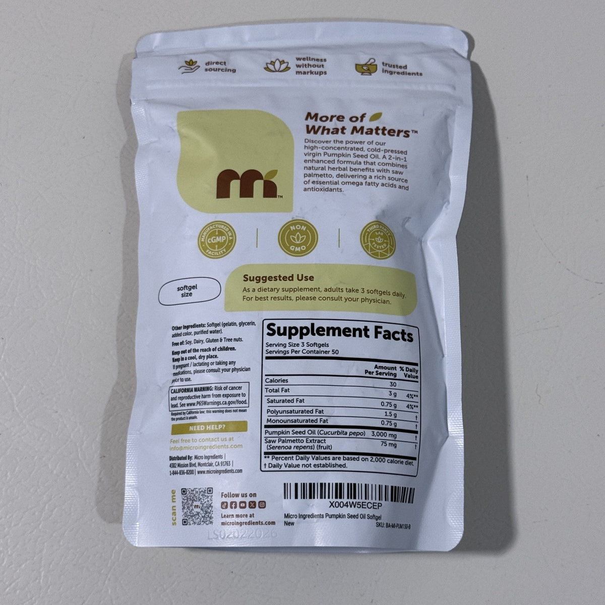 Micro Ingredients Pumpkin Seed Oil, 150 Softgels, Exp 04/2028