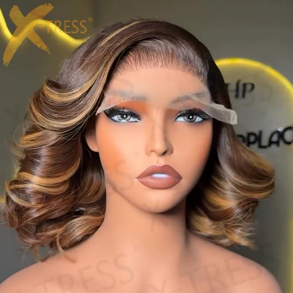 12A Honey Blonde 5*5 Lace Front 200% Remy Hair Short Highlight Rose Curly Pixie Cut Bob Highlight Human Hair Wig for Black Women