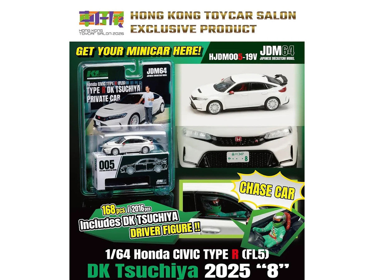 2025 Honda Civic Type R (FL5) RHD (Right Hand Drive) "DK Tsuchiya" White with Collectible Card "JDM64" Series 1/64 Diecast Model Car by Hobby Japan