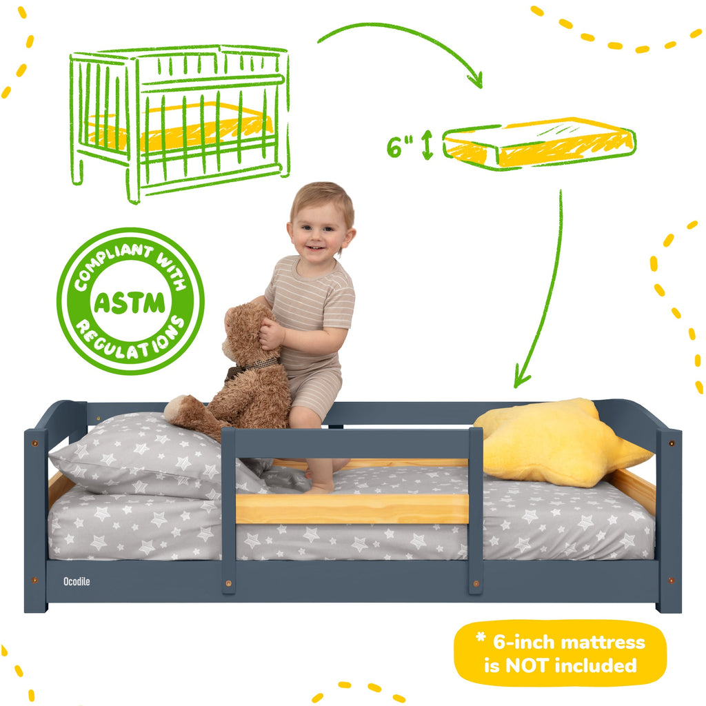 Toddler Floor Bed with Safety Rails for Kids Age 1–3 (Crib Size)