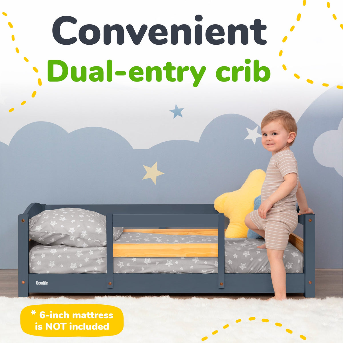 Toddler Floor Bed with Safety Rails for Kids Age 1–3 (Crib Size)