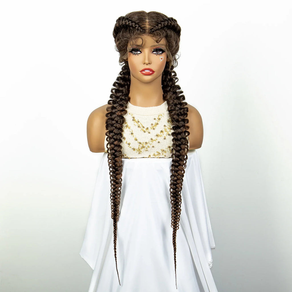 1B/30 Dark Brown Synthetic Lace Frontal Dutch Box Braided Wigs for Black Women Fishtail Braids Wigs with Baby Hair Cornrow Wigs