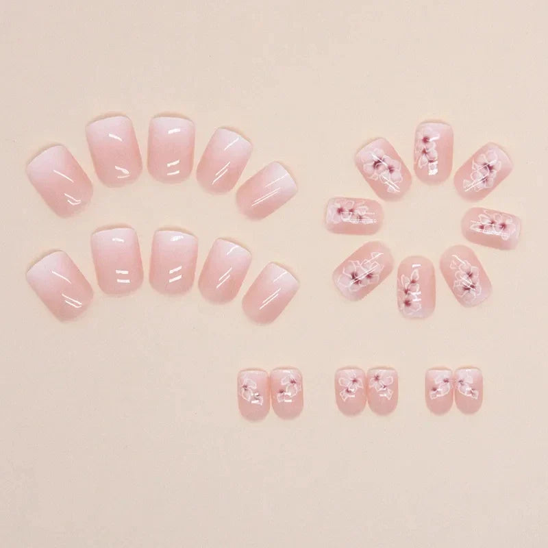 24 PCs Short French Simple Gradient Flower Nails with 1 Jelly Glue and 1 Nail File