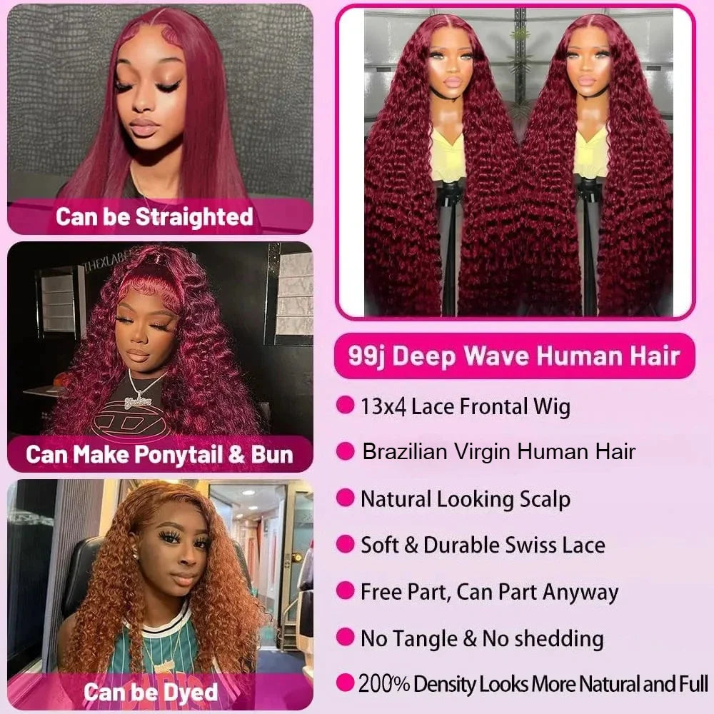 Burgundy 99J Deep Wave HD Lace Front Wig