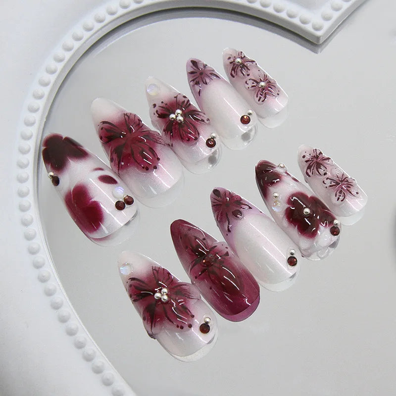 Flower Print Press-On Nails, Almond (24 pcs)
