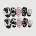 10pcs pure hand pressed short circular nail art, beautiful fake nails, sweet and cool pink bow, suitable for women to use