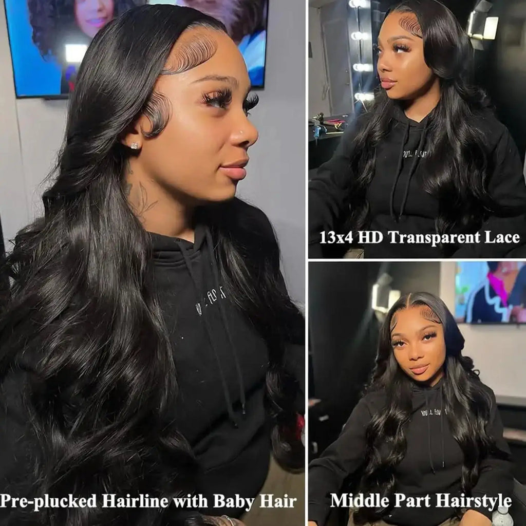 Natural Black Body Wave HD Lace Front Wig, Ships from US