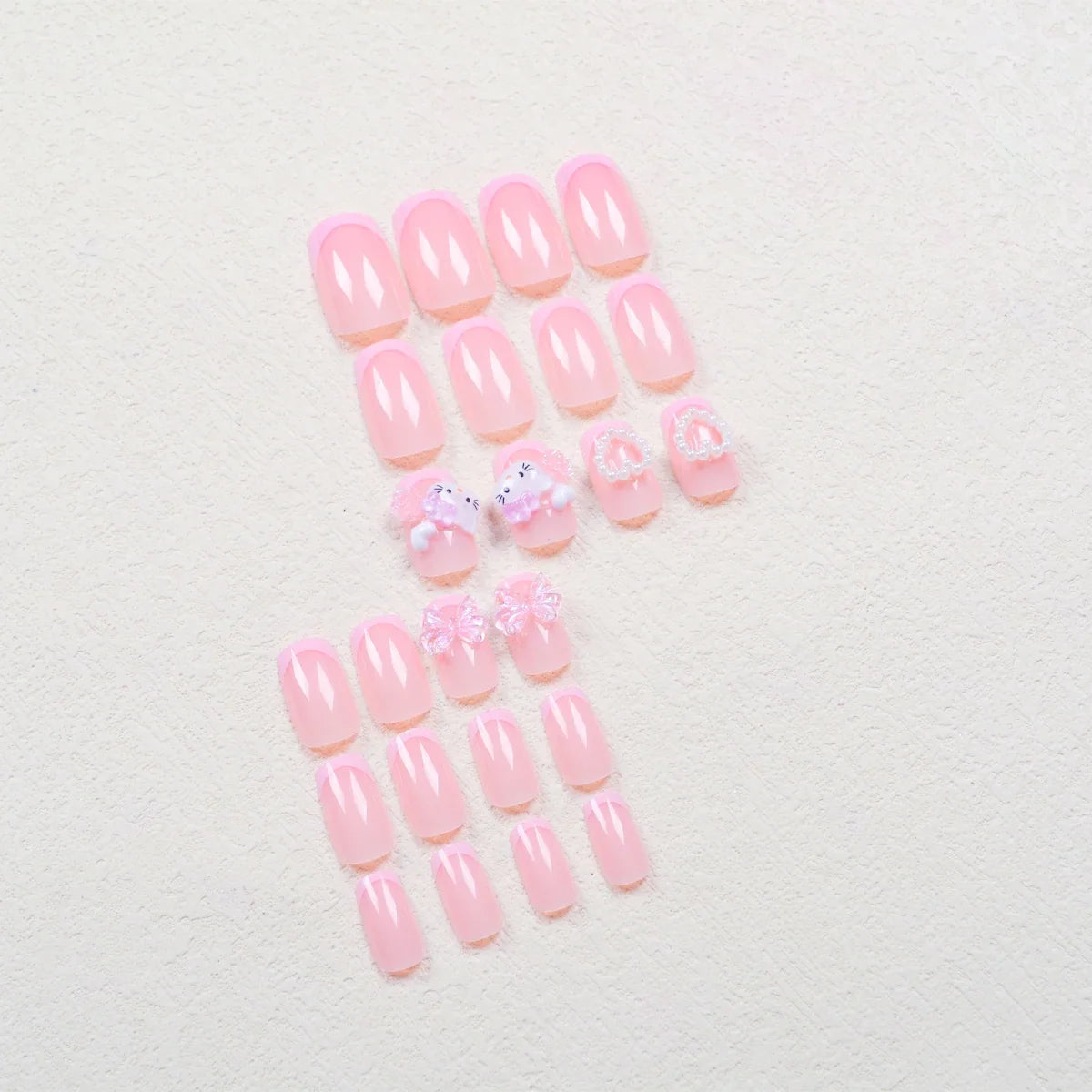 24 Medium Square Nail Pink French Cute Cartoon Cat White Love Camellia Nail Patch Jelly Powder Bow Wear Nail Set