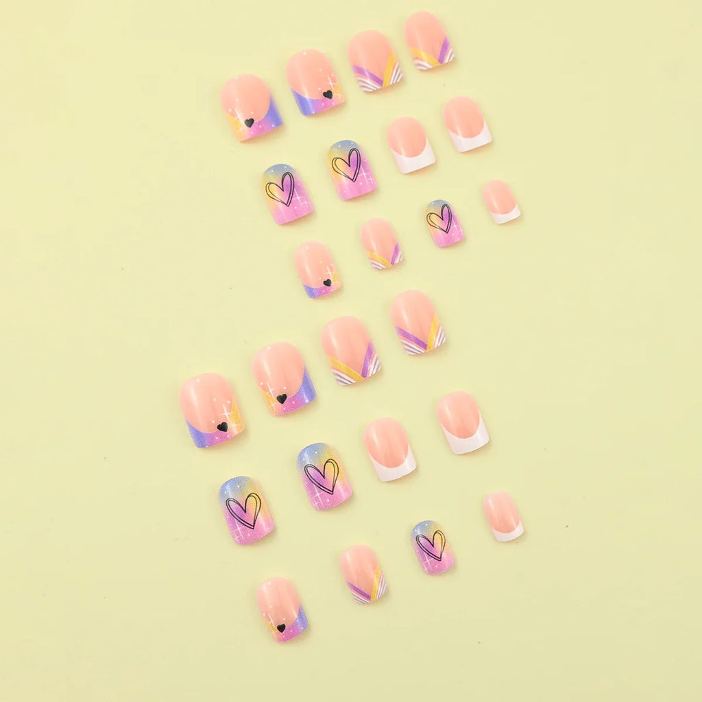24 pieces of short square fake nails, featuring a halo dyed gradient heart and a colorful French design in European and American