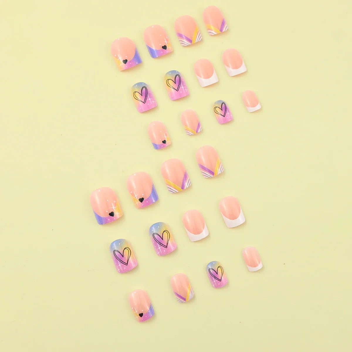 24 pieces of short square fake nails, featuring a halo dyed gradient heart and a colorful French design in European and American