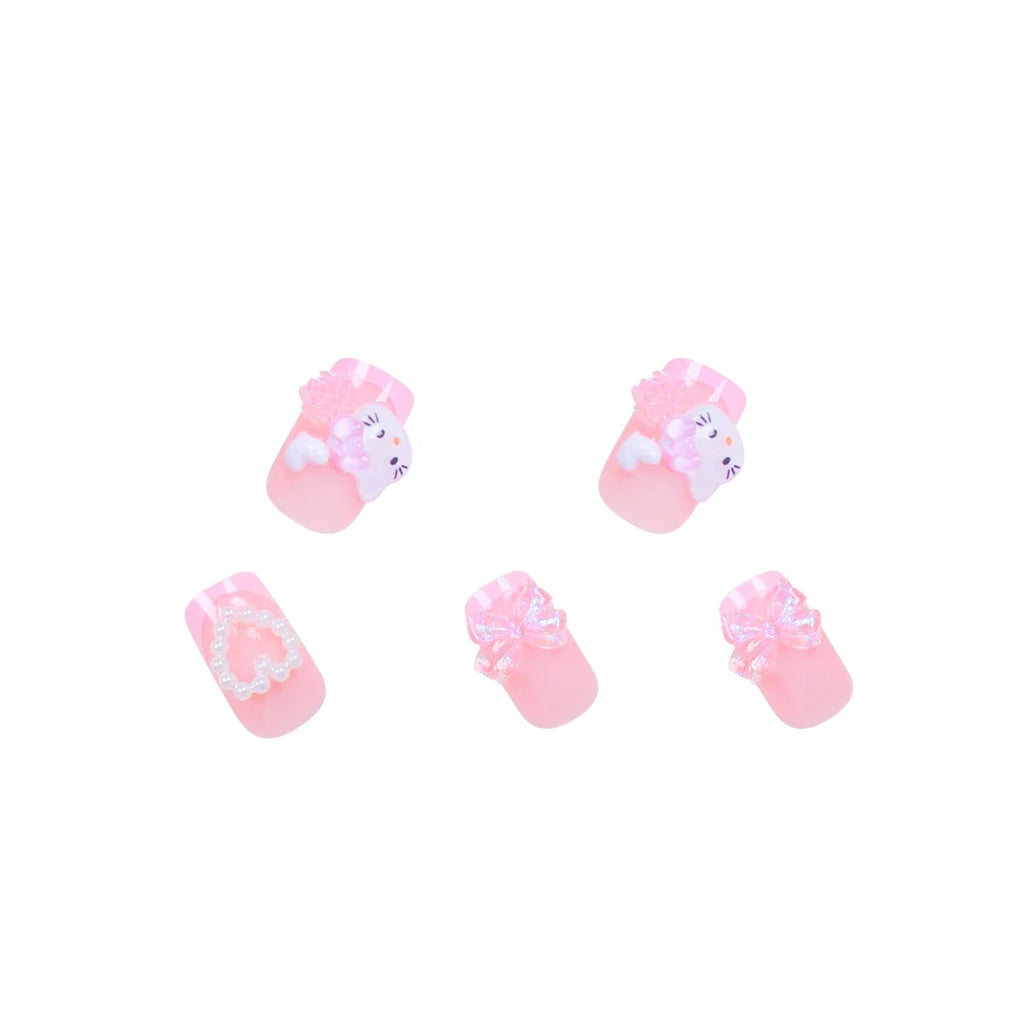 24 Medium Square Nail Pink French Cute Cartoon Cat White Love Camellia Nail Patch Jelly Powder Bow Wear Nail Set