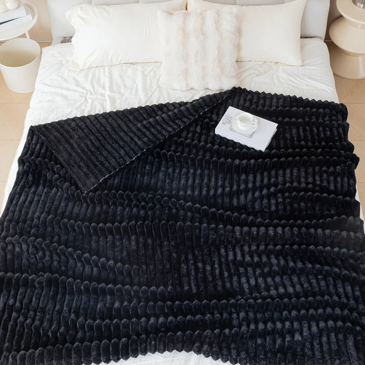 1pc solid color thick wide stripe multifunctional blanket, can be used as bed sheet covering blanket, nap blanket, pet blanket