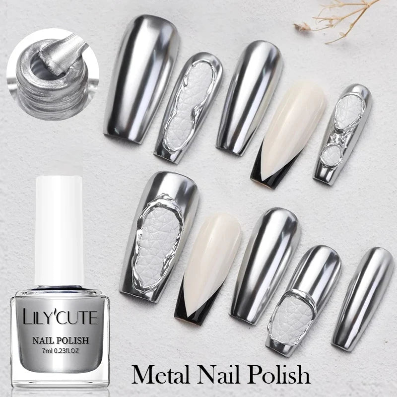 LILYCUTE 7ml Mirror Silver Metallic Nail Polish Super Bright Metal Effect Nail Art Varnish Fast Drying No Need Lamp For Manicure