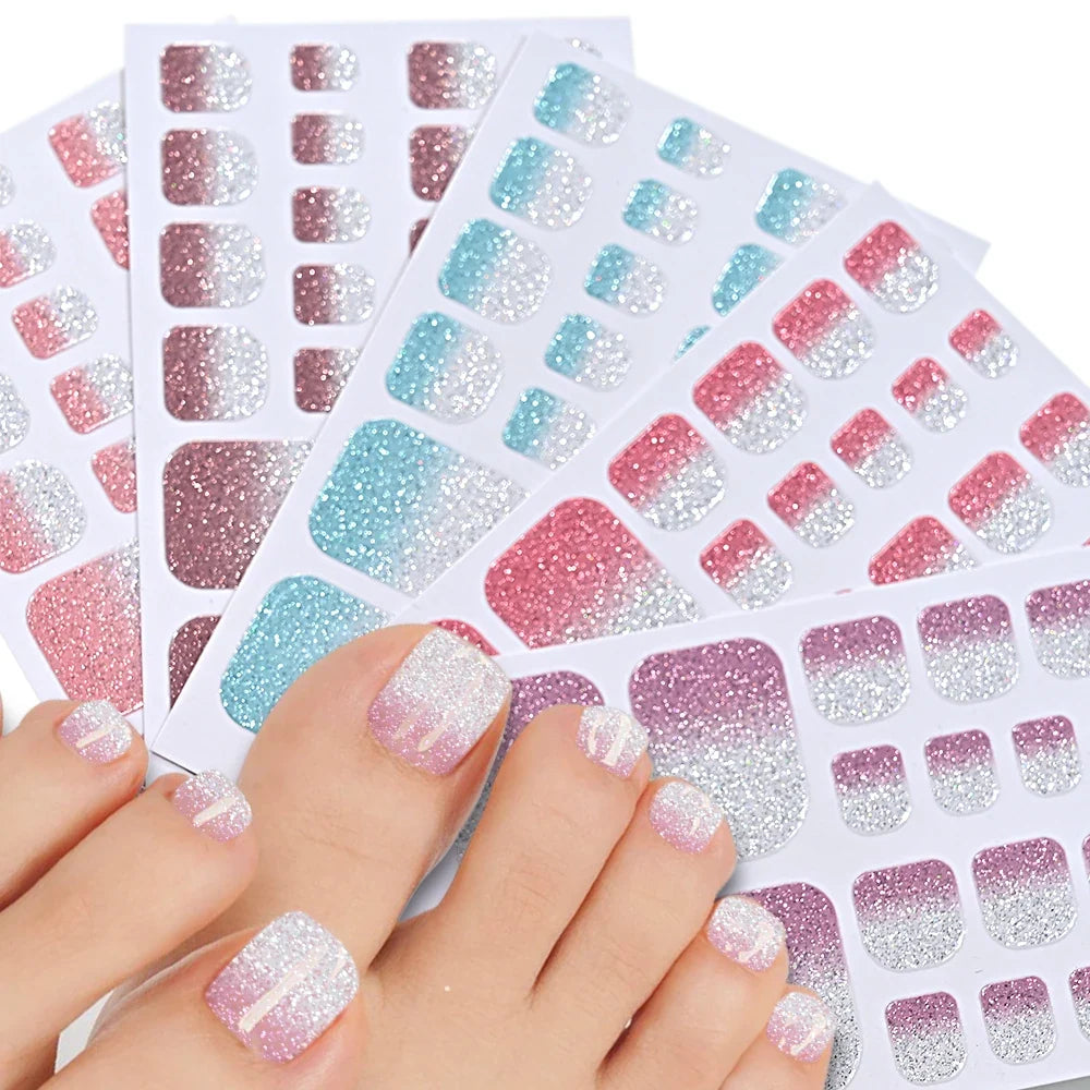 1pcs 22tips Gradient Glitter Full Toe Nail Wraps 3D Shiny Omber Pink/Purple/blue Toe Nail Polish Stickers Baking Free Toe Strips