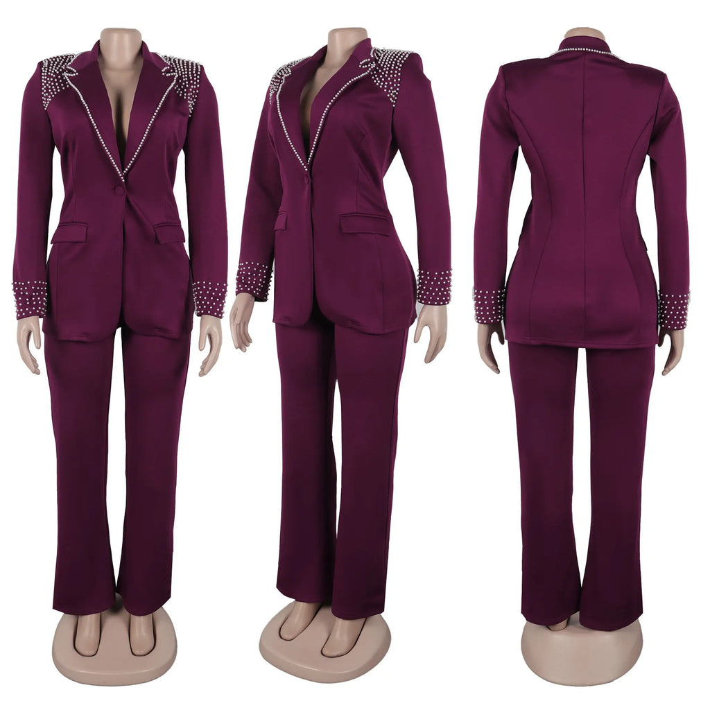 2 Pieces Women's Sets Autumn Winter Long Sleeve Pearl Blazers Suit Tops And Pants Suits Two Piece Set Tracksuit Outfit 2026