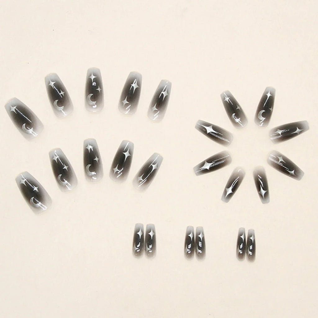 24pcs Y2k Star Press On Nails Gradient Black Mid-length Coffin False Nail Tips Full Cover Moon Designs Fake Nail For Cool Girls