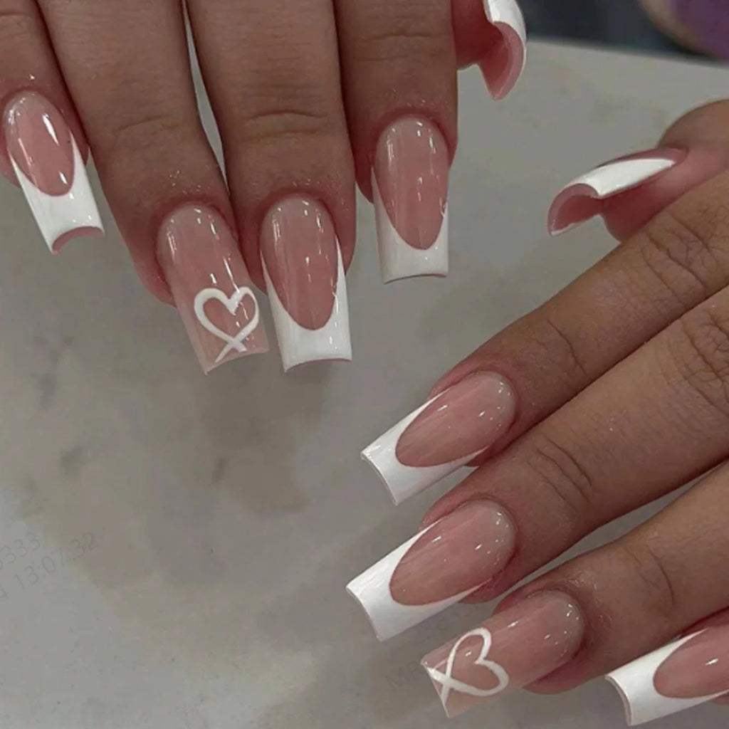 24pcs/set short square fake nails for women cute bride heart white french tips faux ongles y2k press on false nail supplies