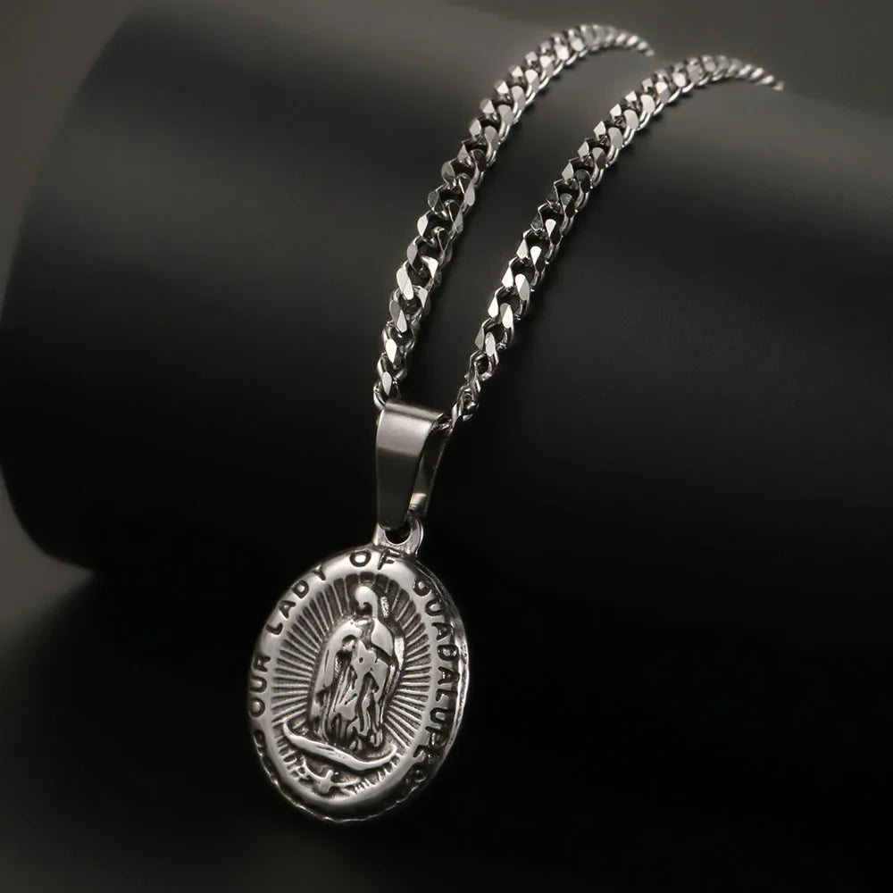 1PC Vintage Fadeless Stainless Steel Virgin Mary Necklace for Men Women Saint Benedict Medal Necklace Men Spiritual Jewelry
