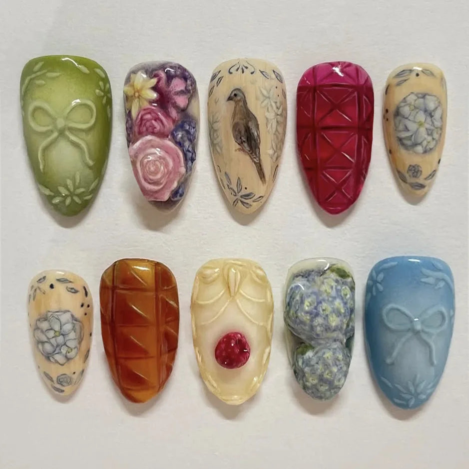 Flower Print Press-On Nails, Almond (24 pcs)