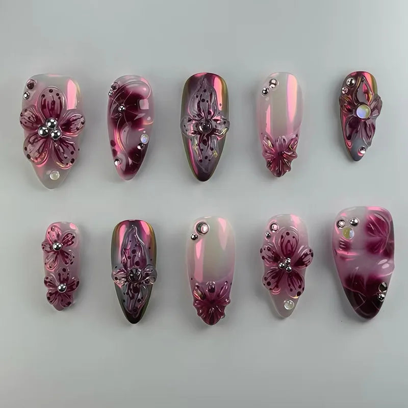 Flower Print Press-On Nails, Almond (24 pcs)