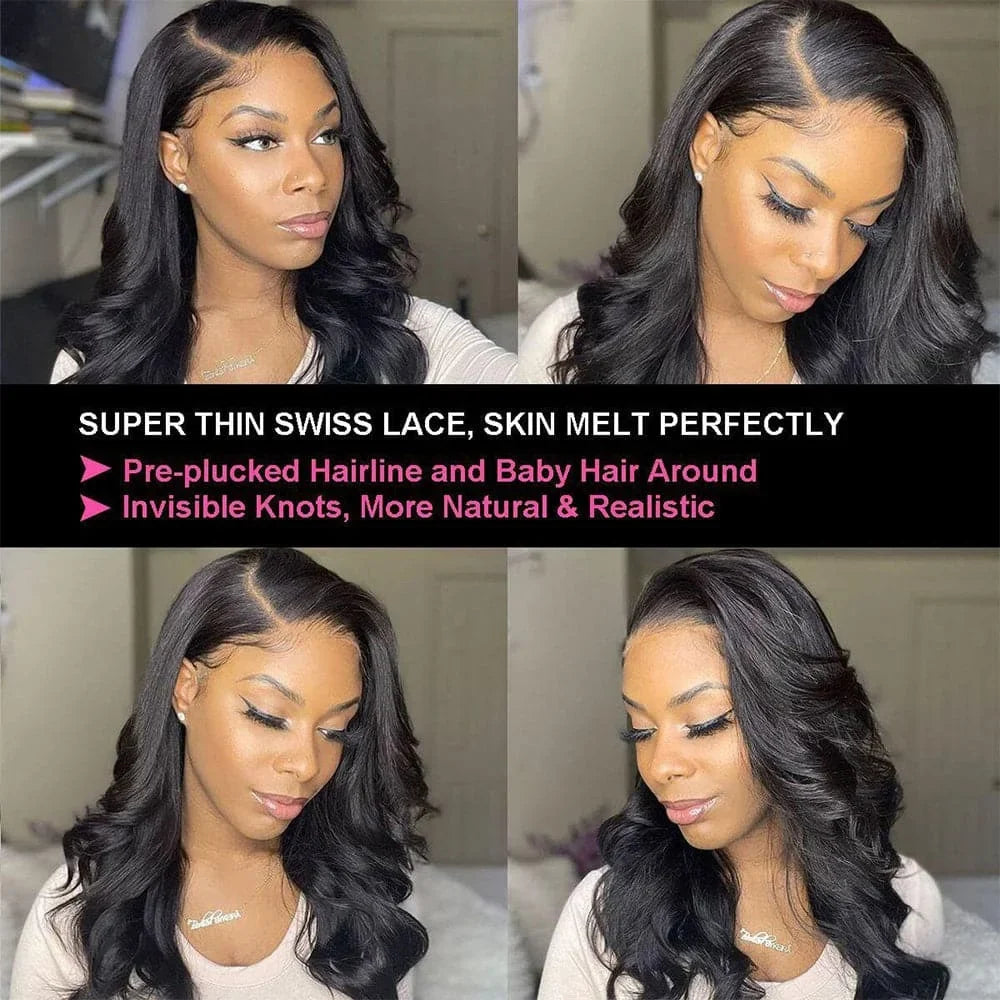 Natural Black Body Wave HD Lace Front Wig, Ships from US