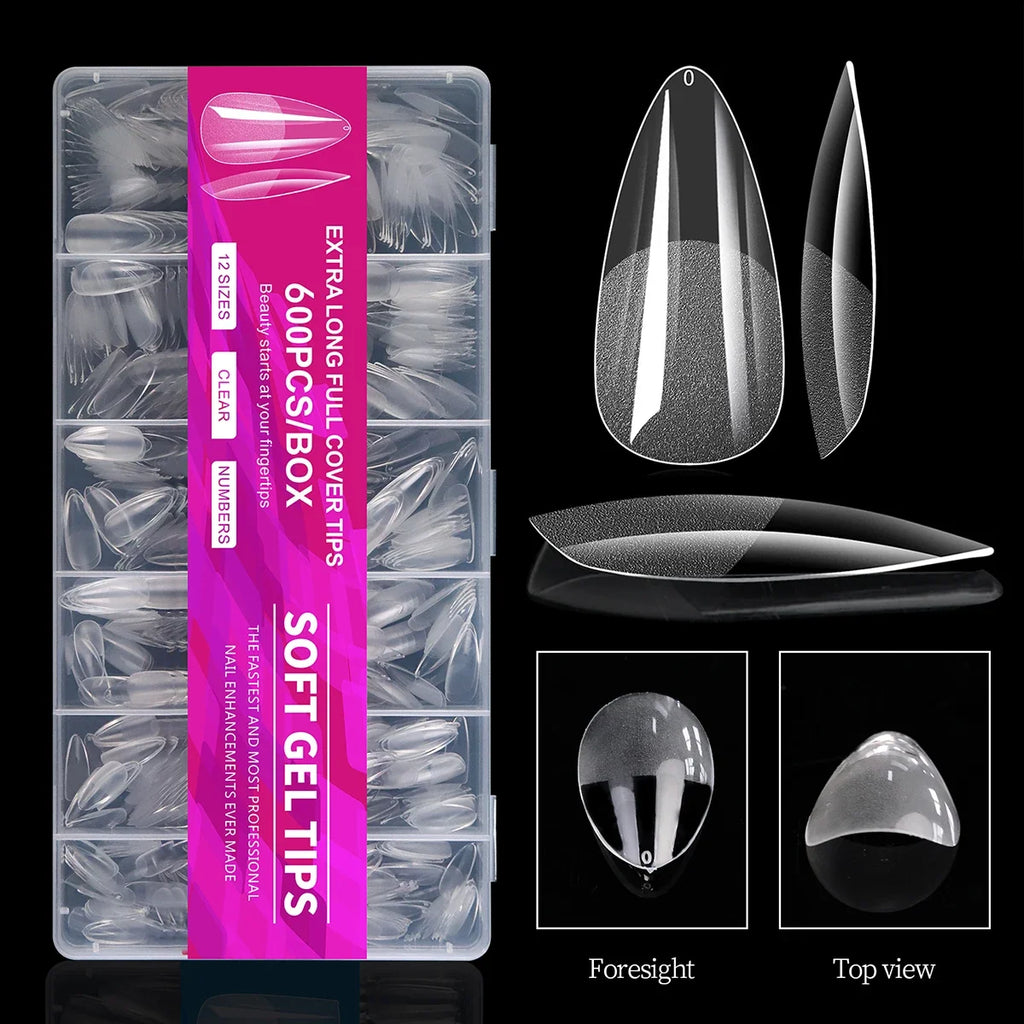 100/600Pcs Short Almond Nail Tips Soft Gel Nail Tips Full Cover False Nail Tips For Acrylic Nails  Salon Home Press On Nails