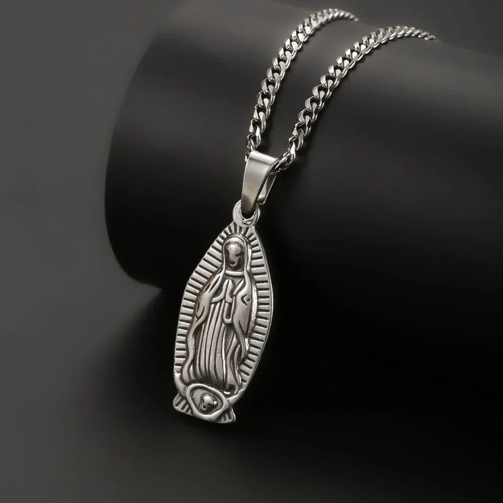 1PC Vintage Fadeless Stainless Steel Virgin Mary Necklace for Men Women Saint Benedict Medal Necklace Men Spiritual Jewelry