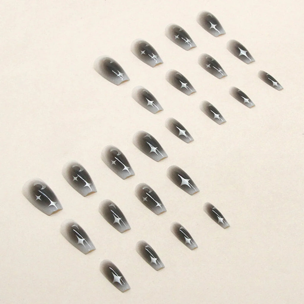 24pcs Y2k Star Press On Nails Gradient Black Mid-length Coffin False Nail Tips Full Cover Moon Designs Fake Nail For Cool Girls
