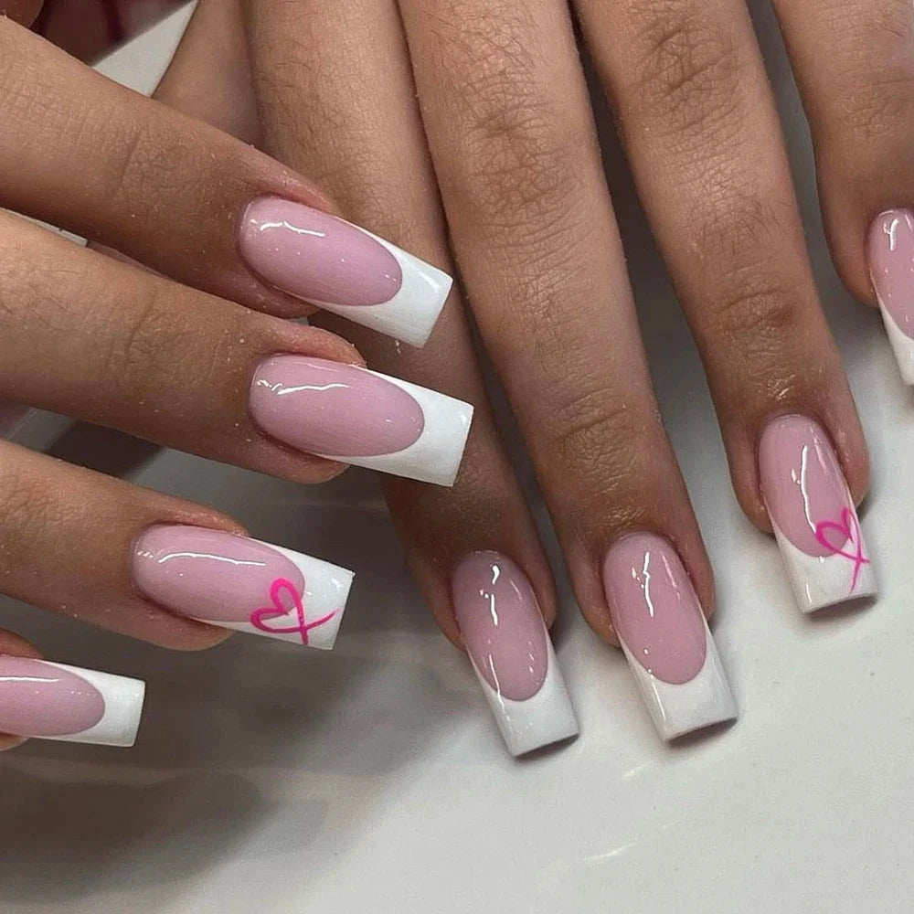 24pcs/set short square fake nails for women cute bride heart white french tips faux ongles y2k press on false nail supplies