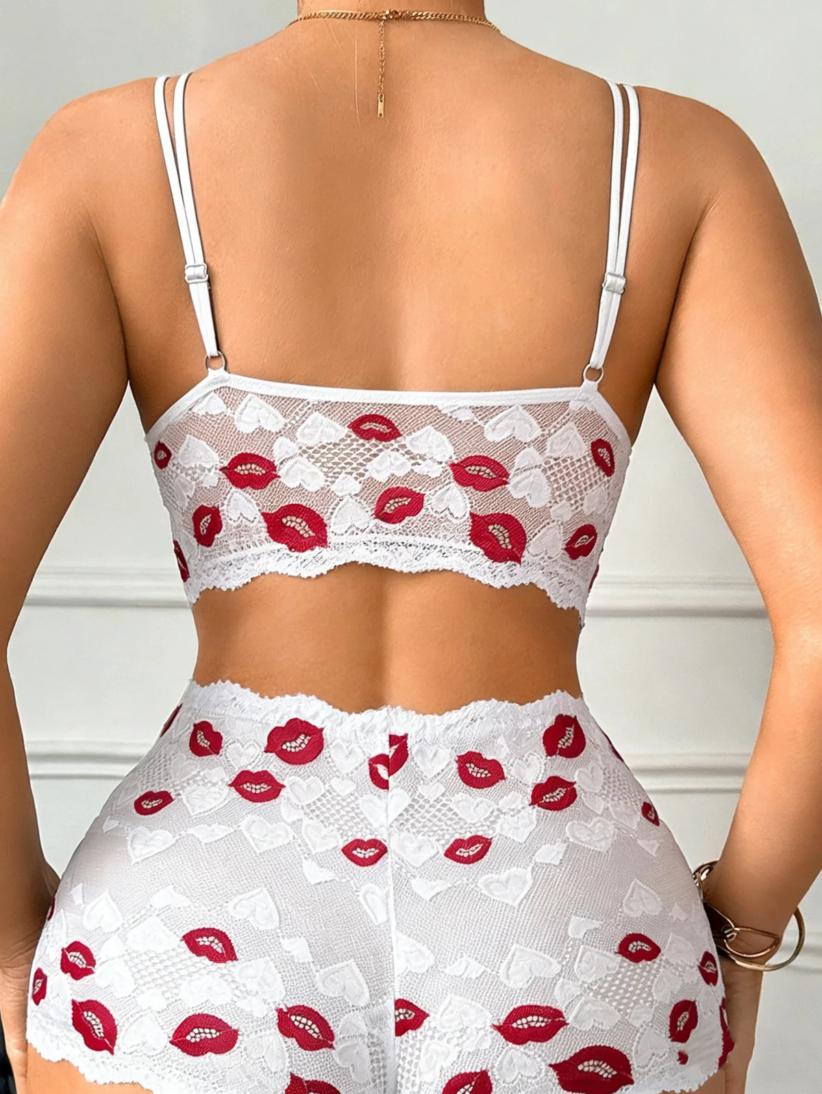 Sexy Lip Print Women's Lingerie Set – Wireless Lace Bra & Sheer Panties