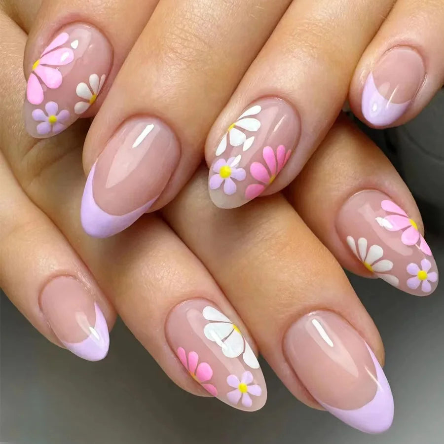 24pcs Red Flower Design Stick on Nail Art French Oval Fake Nail Finished Short Almond False Nails Datachable Press on Nails Tips