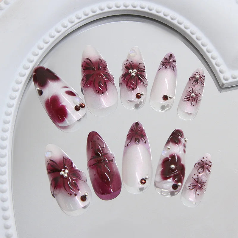 Flower Print Press-On Nails, Almond (24 pcs)