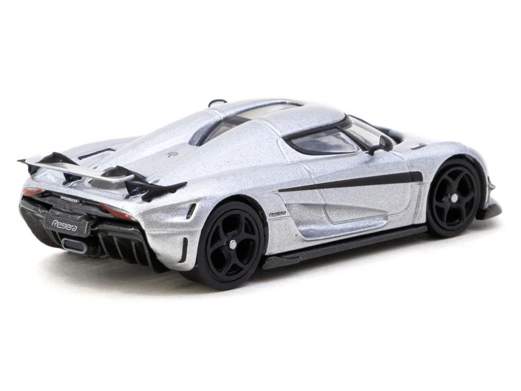 Koenigsegg Regera Silver Metallic with Blue Accents and Collectible Tarmac Cards "Global64" Series 1/64 Diecast Model Car by Tarmac Works